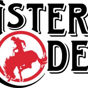sisters rodeo black text with red horse rider in a circle
